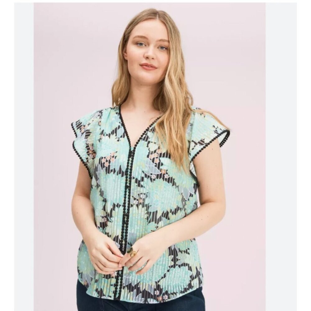 Kate Spade Dahlia Bloom Burnout Blouse Womens XXS Green Floral Flutter Top